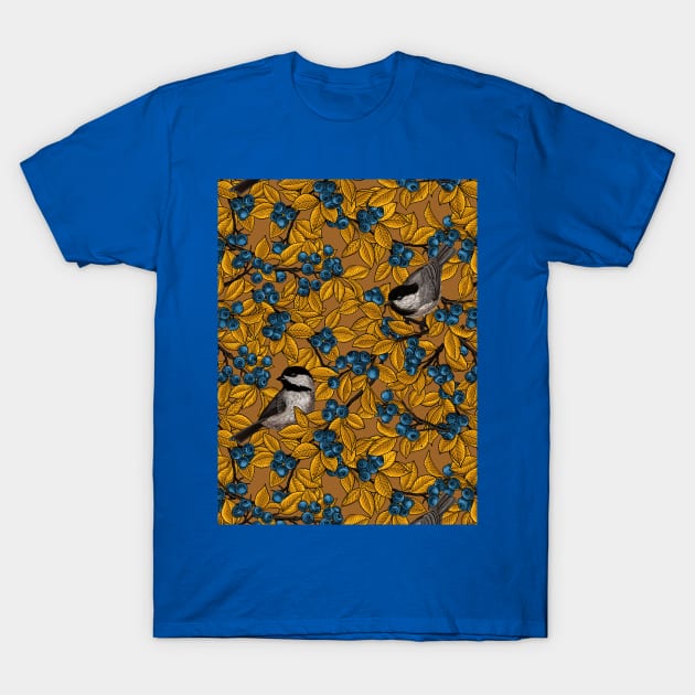 Chickadee birds on blueberry branches in yellow and mustard T-Shirt by katerinamk